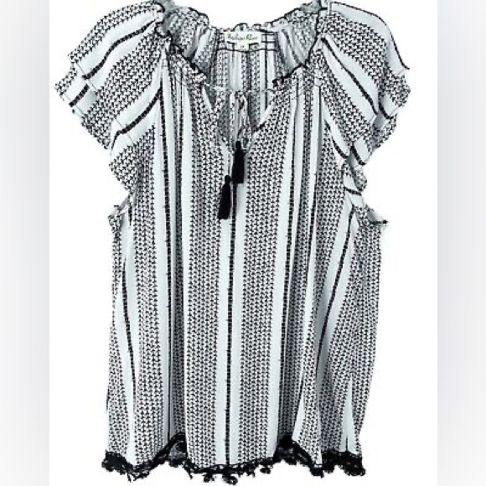 Indigo‎ Rose white & black striped flowy blouse w/black tassels Sz-2X B7